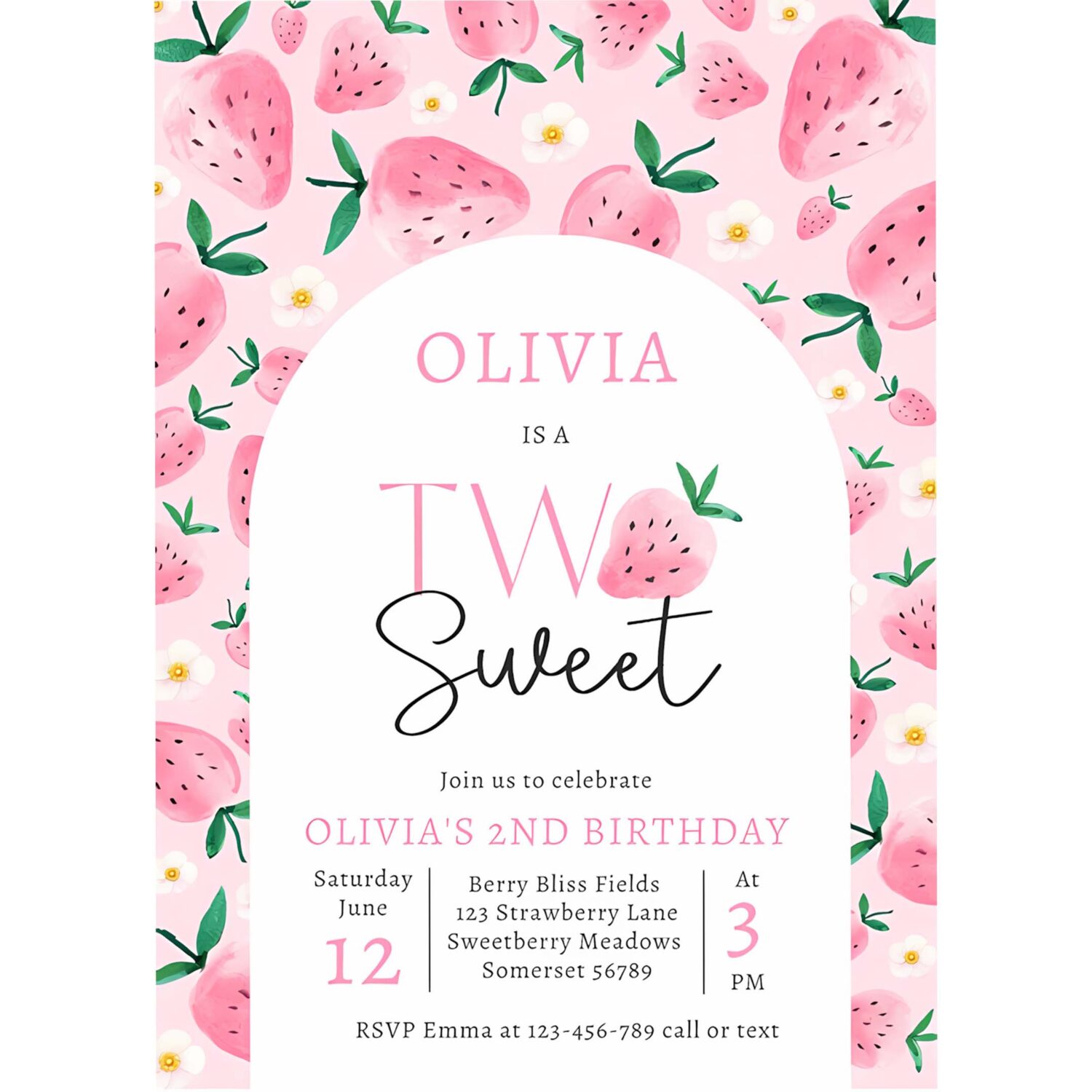 Strawberry two sweet berry 2nd birthday party invitation r13z 4