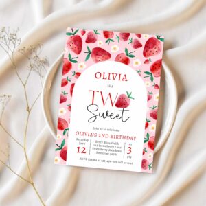 Strawberry two sweet berry 2nd birthday party invitation w22t 1