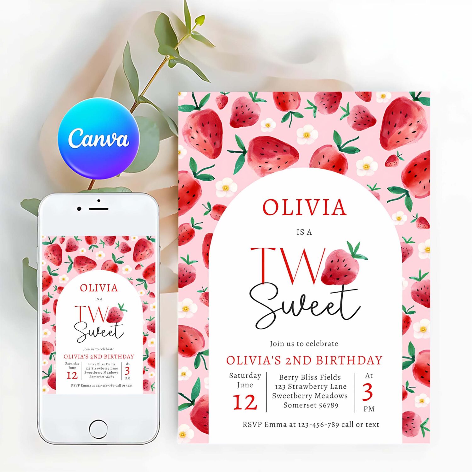 Strawberry two sweet berry 2nd birthday party invitation w22t