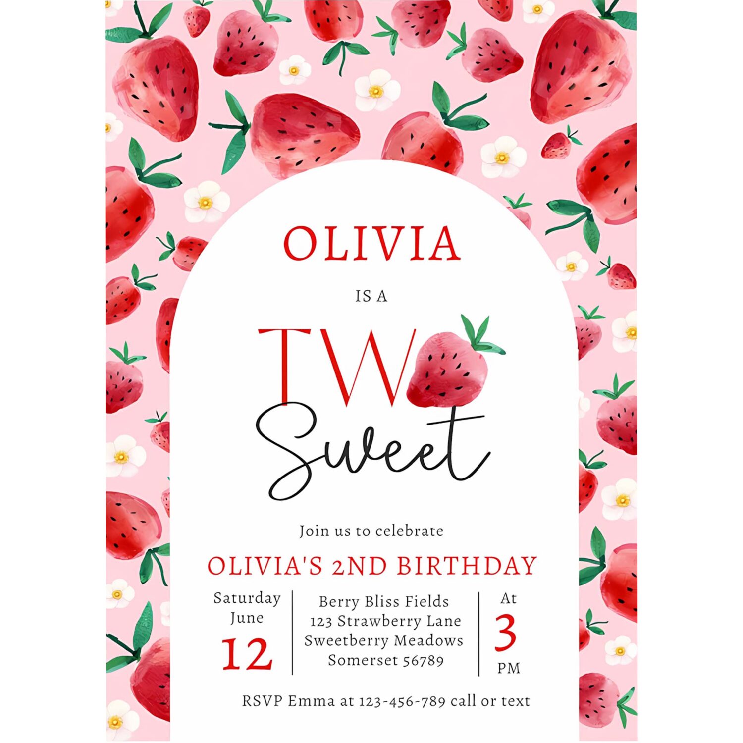 Strawberry two sweet berry 2nd birthday party invitation w22t 4