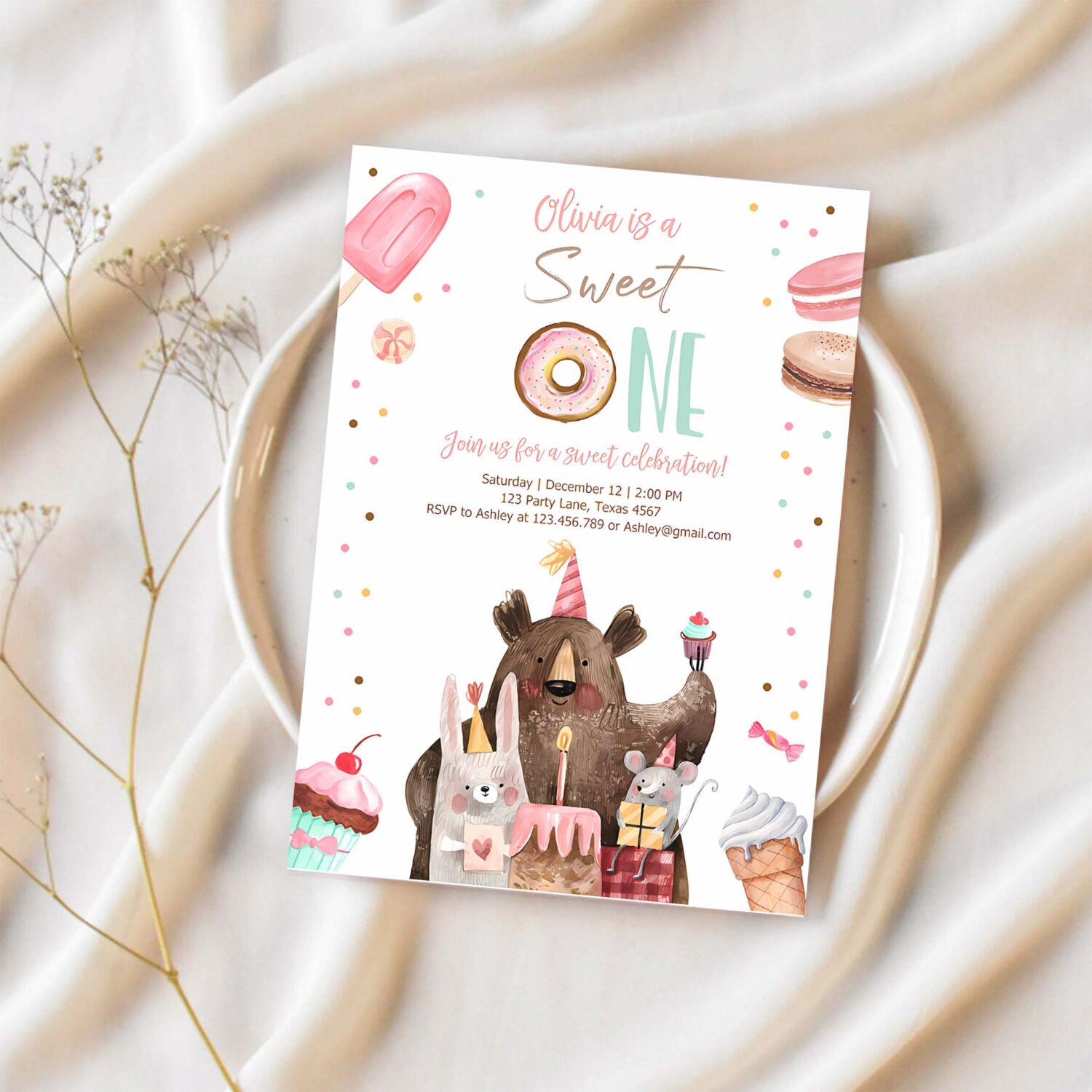 Sweet one birthday invitation first birthday party 1st girl donut ice cream animals 1