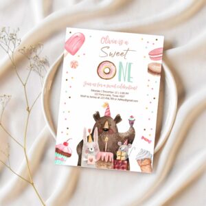 Sweet one birthday invitation first birthday party 1st girl donut ice cream animals 1