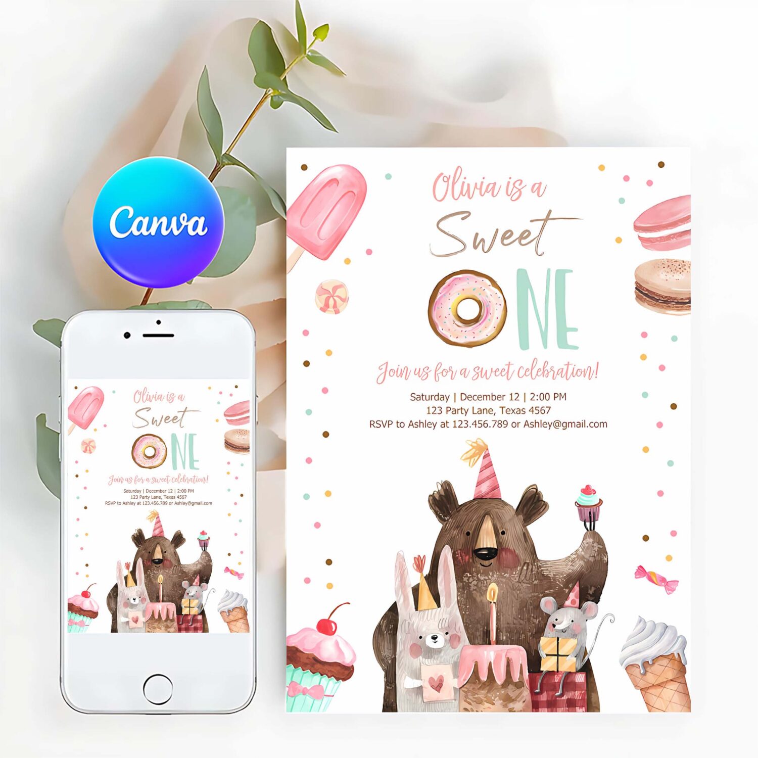 Sweet one birthday invitation first birthday party 1st girl donut ice cream animals