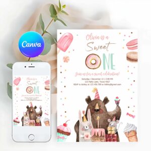 Donut Invitation, Sweet One Birthday Invitation, First Birthday Party 1st Girl Donut Ice Cream Animals