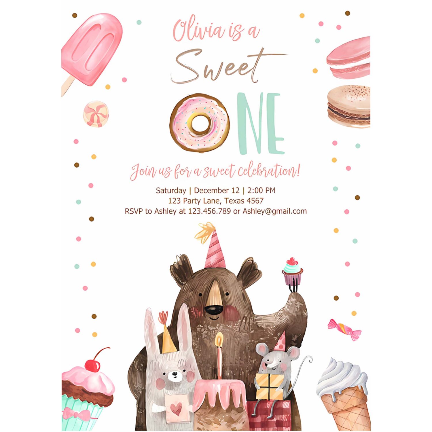 Sweet one birthday invitation first birthday party 1st girl donut ice cream animals 4