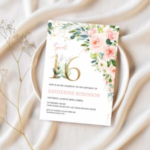 Sweet sixteen invitation editable sweet 16 invite pink floral watercolor 16th birthday 1