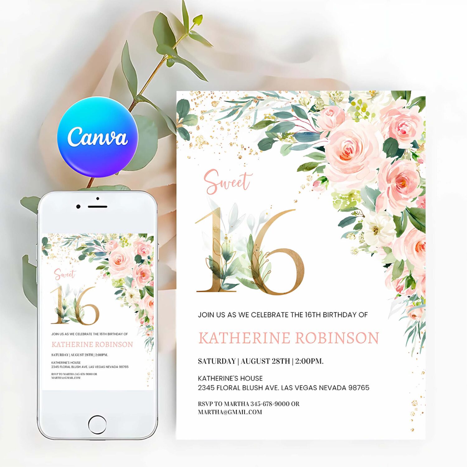 Sweet sixteen invitation editable sweet 16 invite pink floral watercolor 16th birthday