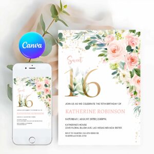Floral Invitation, Sweet Sixteen Invitation Sweet 16 Invite Pink Floral Watercolor 16th Birthday