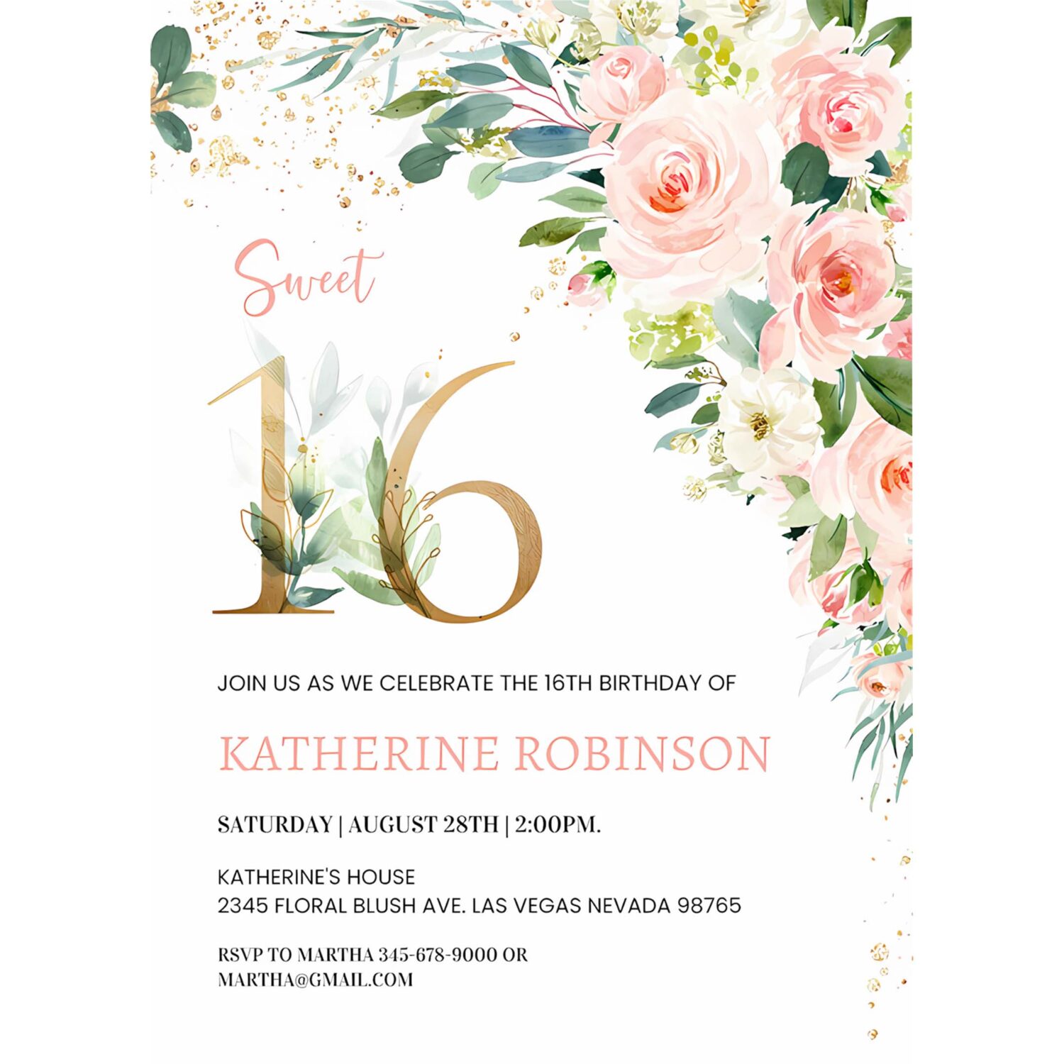 Sweet sixteen invitation editable sweet 16 invite pink floral watercolor 16th birthday 4