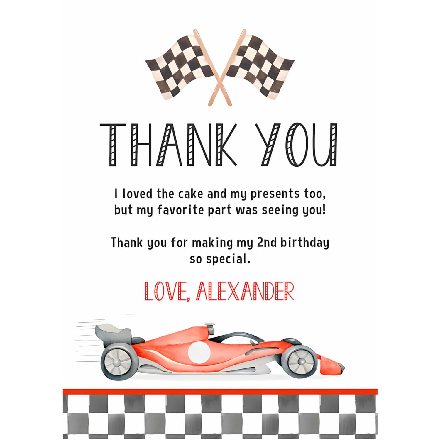 Two fast birthday thank you card racecar 2nd birthday note car racing car vintage racecar 4