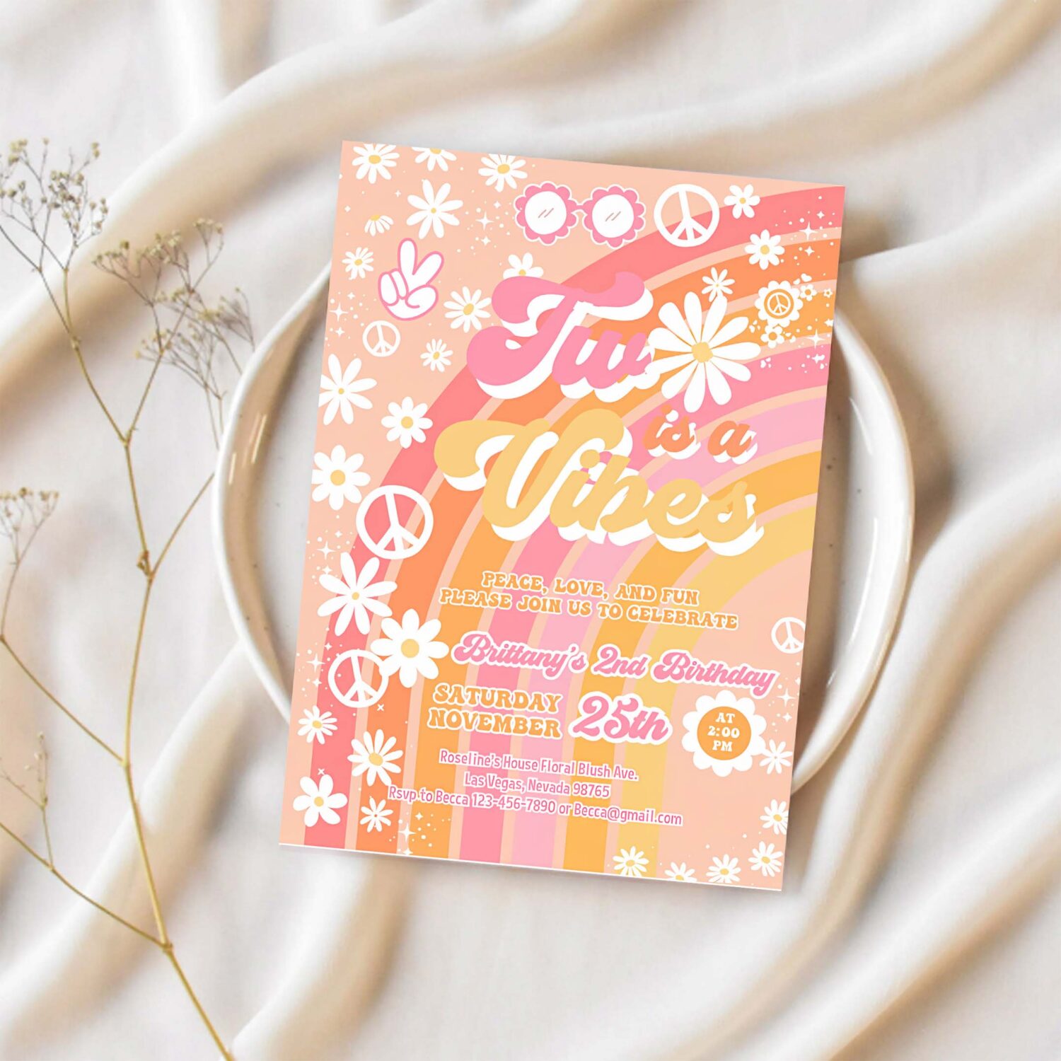 Two groovy birthday invitation editable girl daisy rainbow groovy 2nd birthday invite hippie party 1