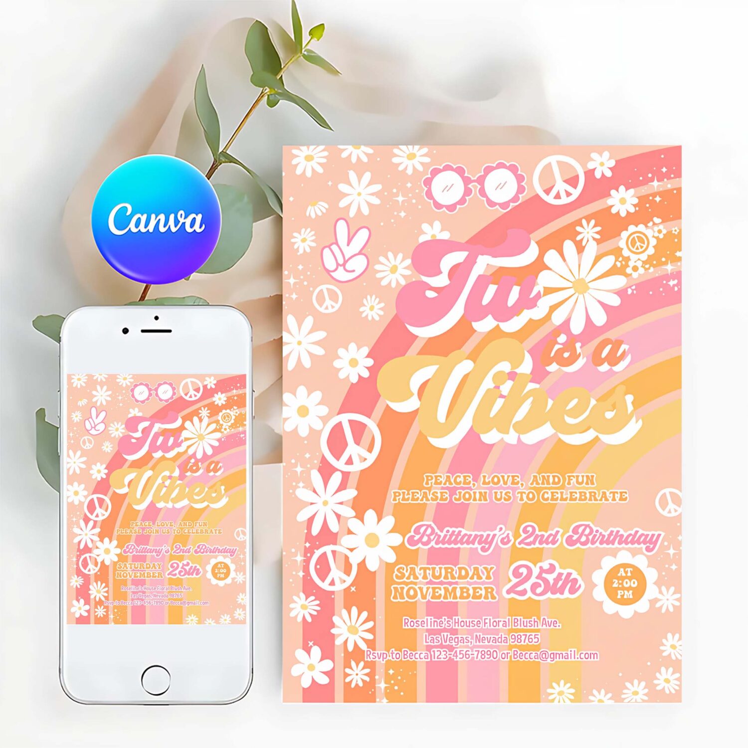 Two groovy birthday invitation editable girl daisy rainbow groovy 2nd birthday invite hippie party