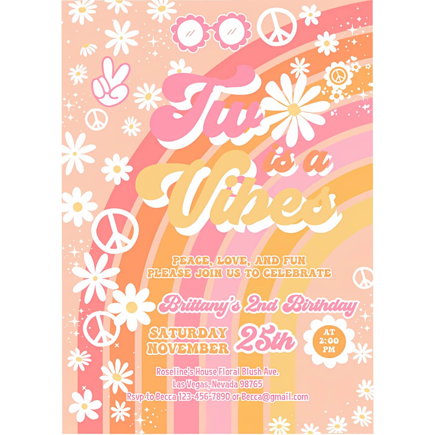 Two groovy birthday invitation editable girl daisy rainbow groovy 2nd birthday invite hippie party 4