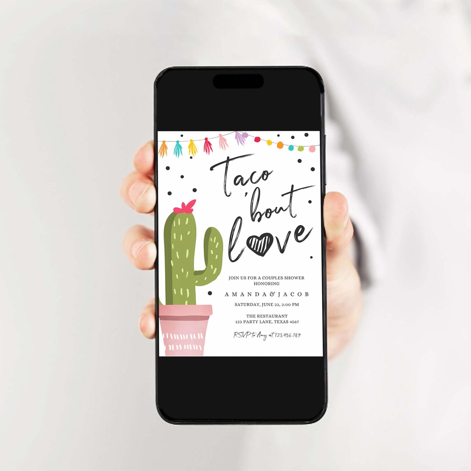 Taco bout love fiesta couples shower invitation cactus succulent green pink confetti 2