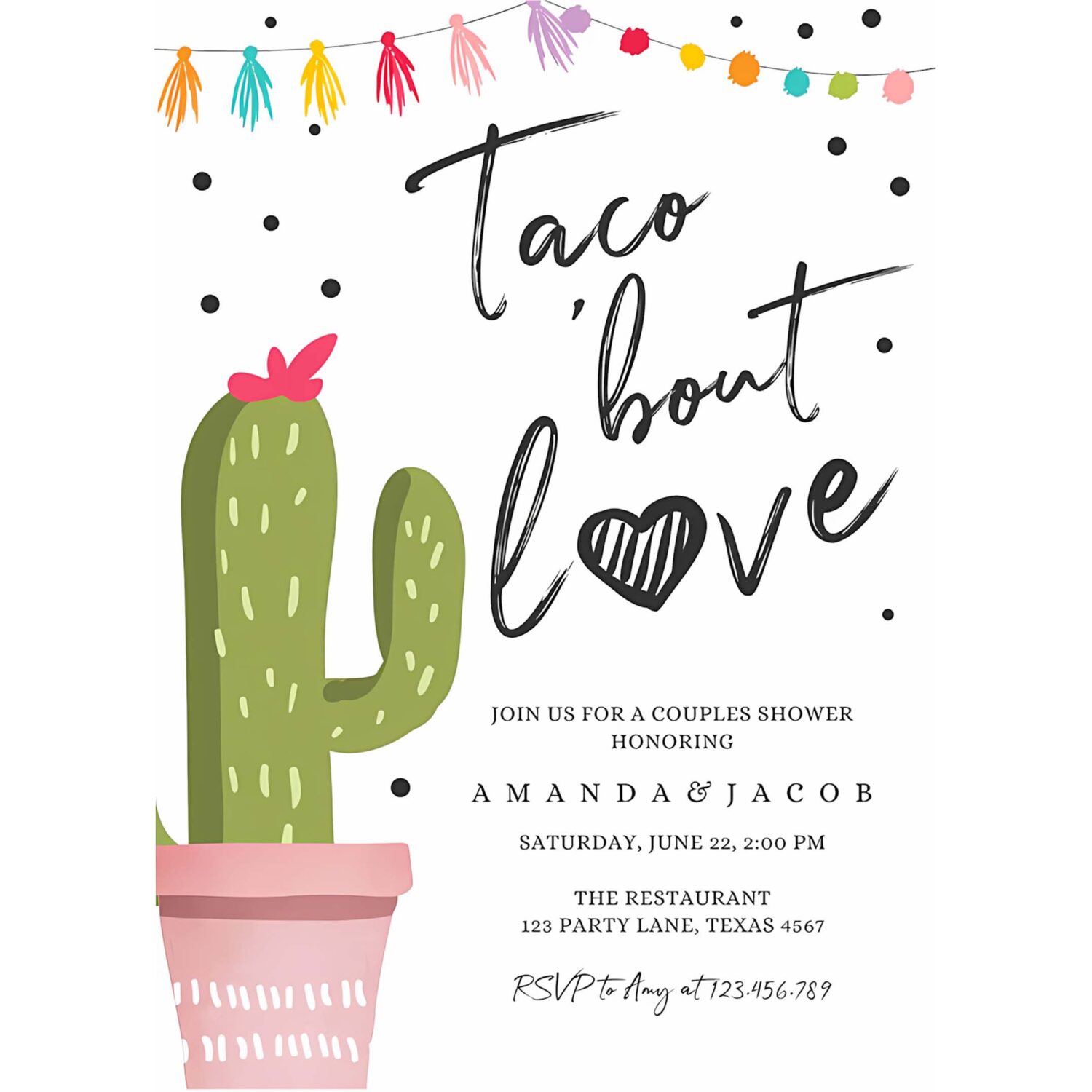 Taco bout love fiesta couples shower invitation cactus succulent green pink confetti 4