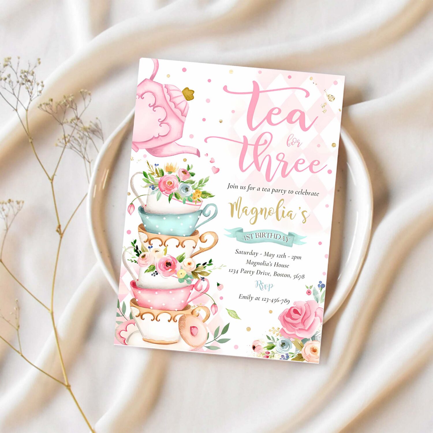 Tea for three birthday party pink floral tea party invitation a37f 1
