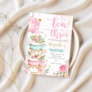 Tea for three birthday party pink floral tea party invitation a37f 1