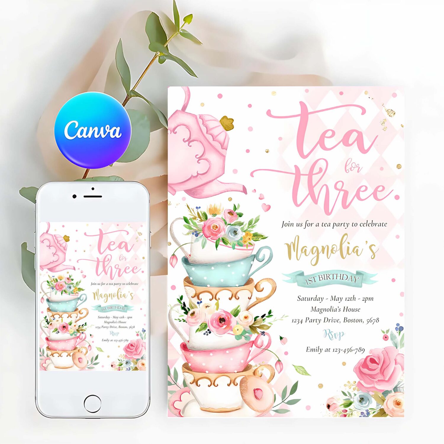 Tea for three birthday party pink floral tea party invitation a37f