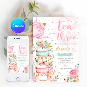 Tea Party Invitation, Tea For Three Birthday Party Pink Floral Tea Party Invitation