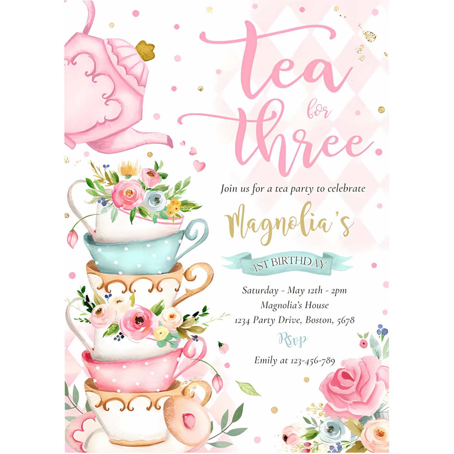 Tea for three birthday party pink floral tea party invitation a37f 4