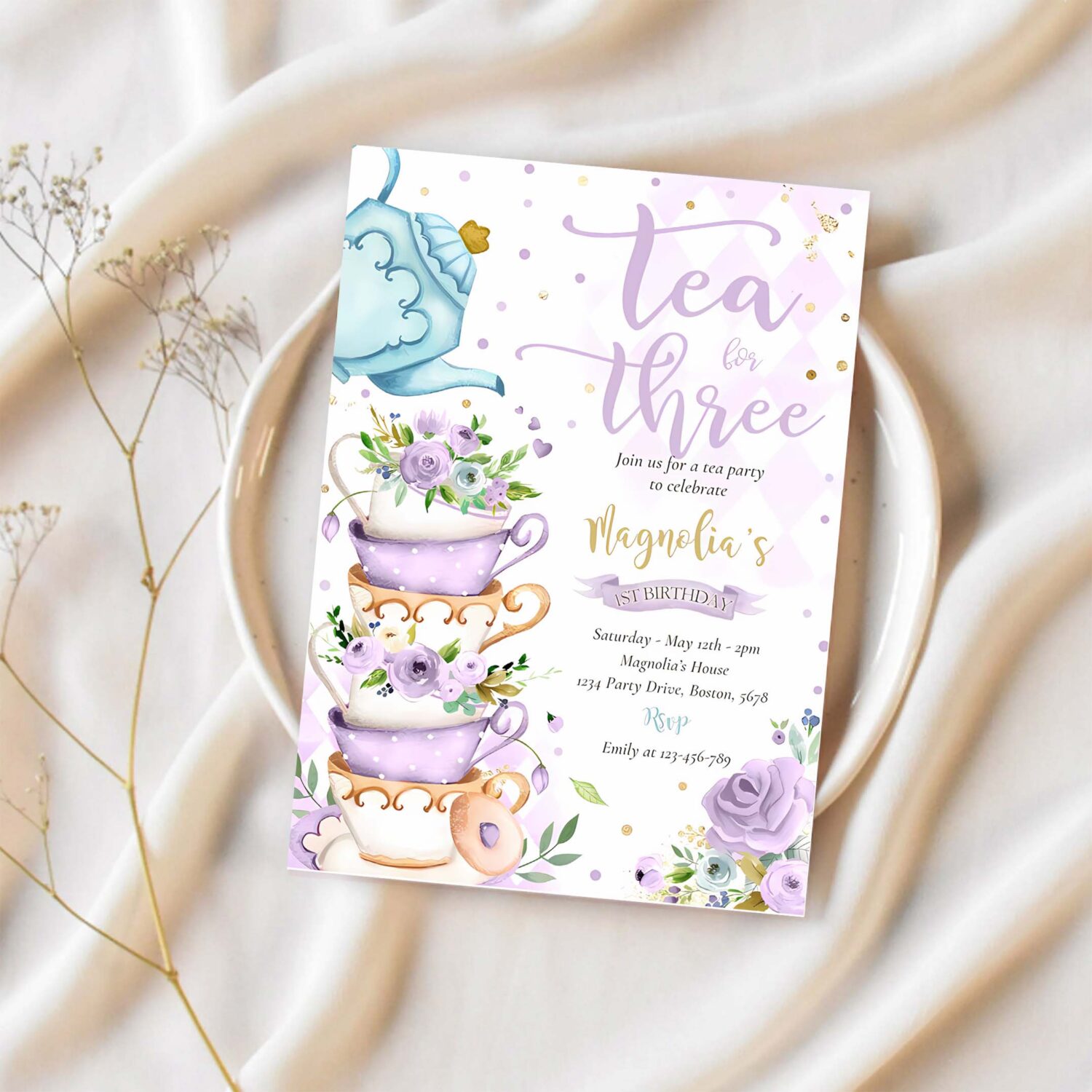 Tea for three birthday purple floral tea party invitation l37n 1