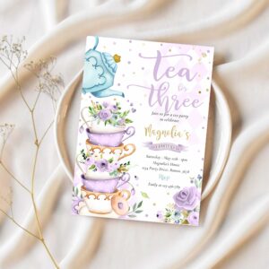 Tea for three birthday purple floral tea party invitation l37n 1