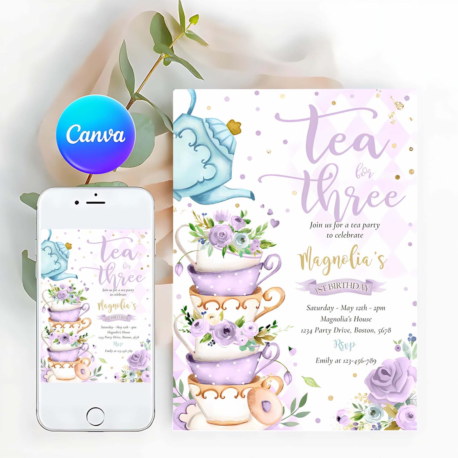 Tea for three birthday purple floral tea party invitation l37n