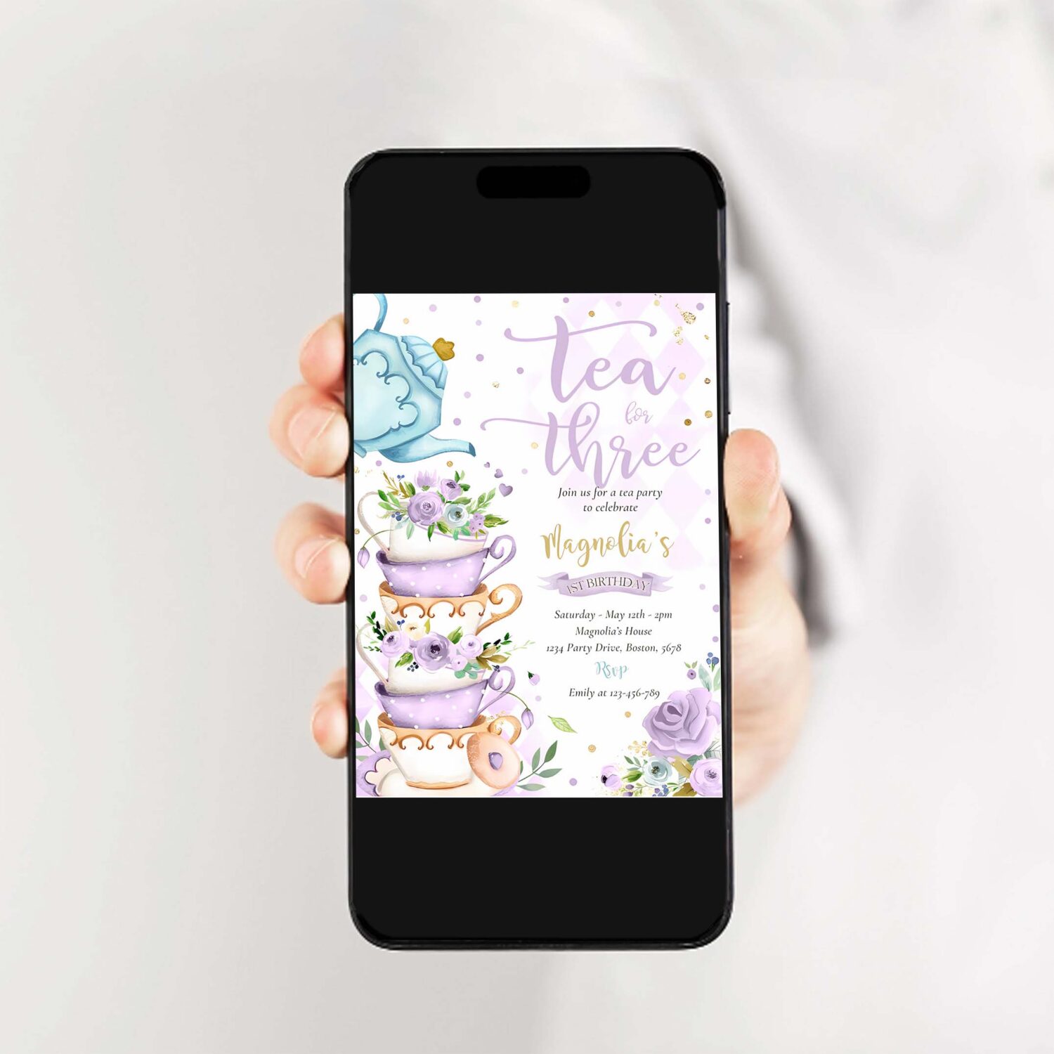 Tea for three birthday purple floral tea party invitation l37n 2