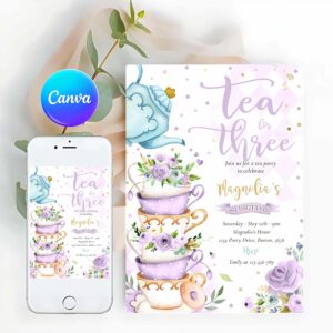 Tea Party Invitation, Tea For Three Birthday Purple Floral Tea Party Invitation