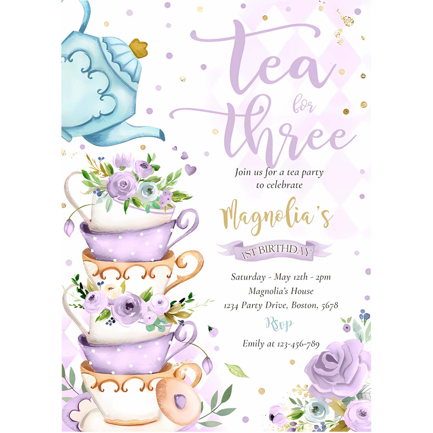 Tea for three birthday purple floral tea party invitation l37n 4