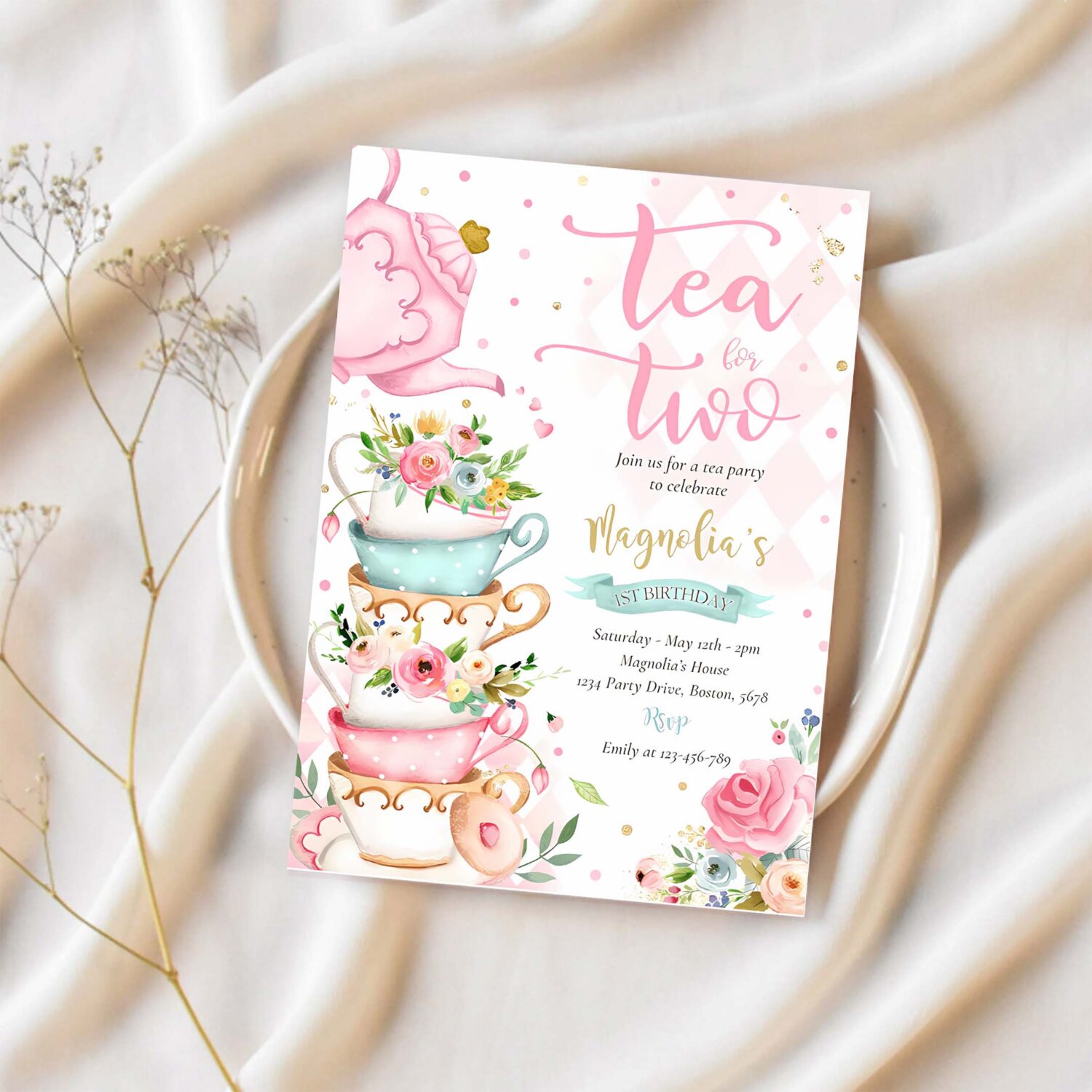Tea for two birthday party pink floral tea party invitation v94q 1