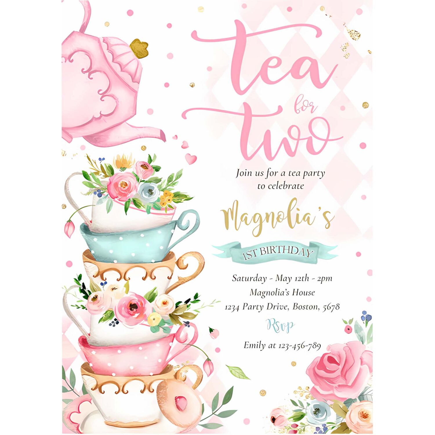 Tea for two birthday party pink floral tea party invitation v94q 4