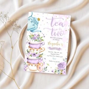 Tea for two birthday party purple floral tea party invitation t28a 1