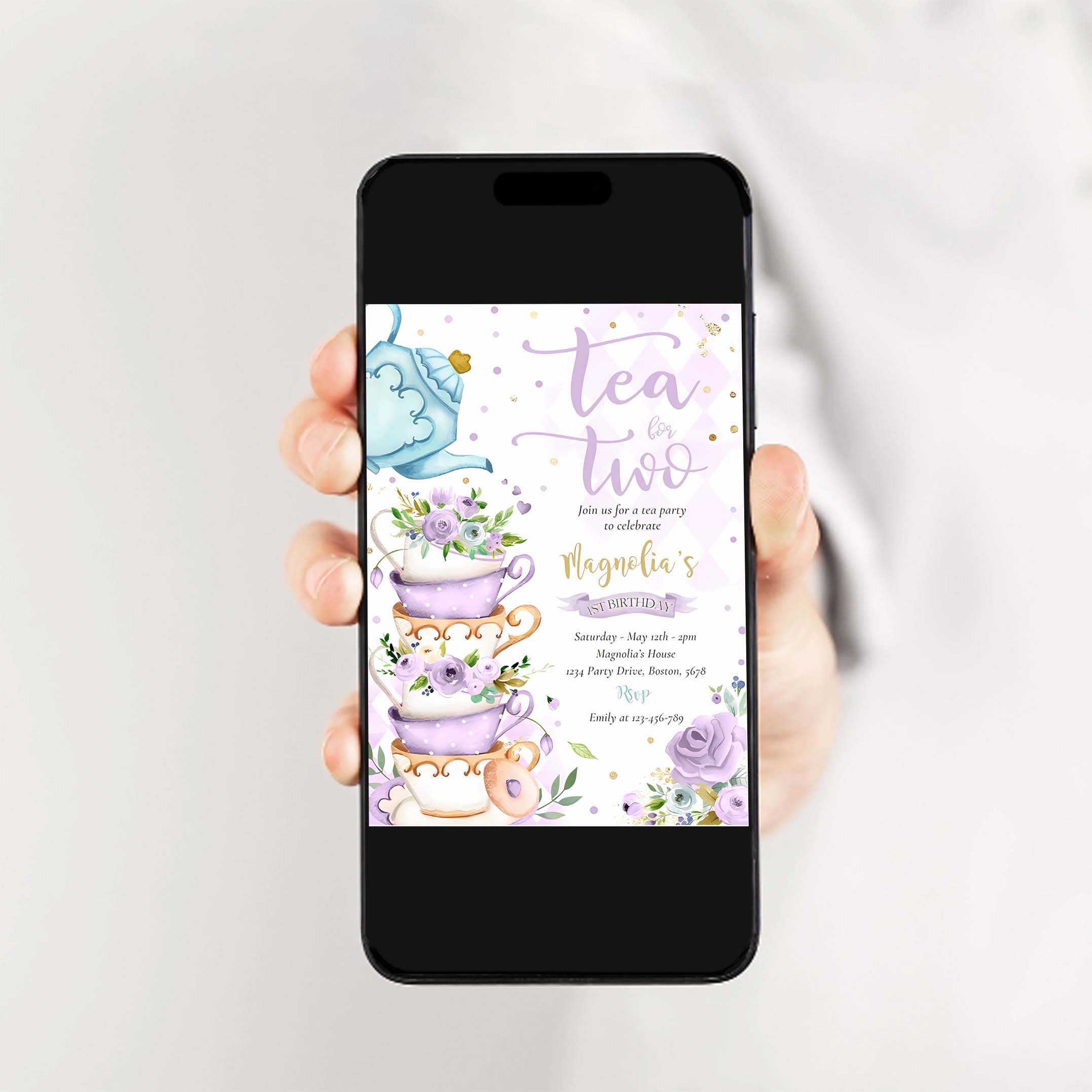 Tea For Two Birthday Party Purple Floral Tea Party Invitation T28A