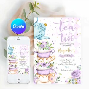Tea For Two Invitation, Tea For Two Birthday Party Purple Floral Tea Party Invitation