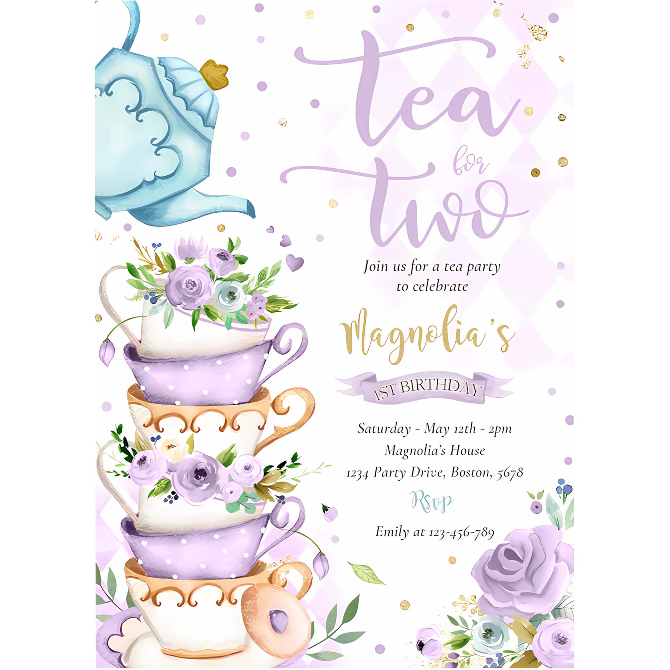 Tea For Two Birthday Party Purple Floral Tea Party Invitation T28A