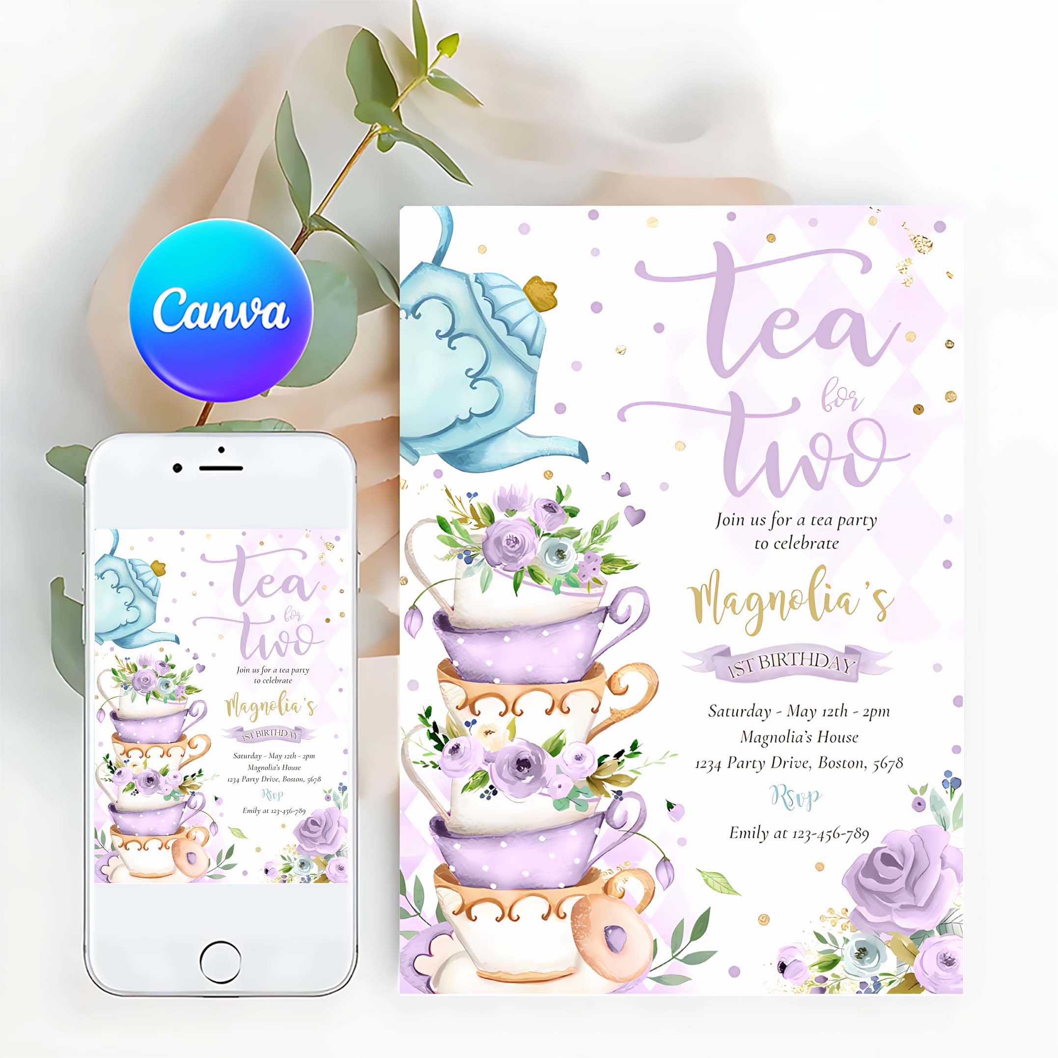 Tea For Two Birthday Party Purple Floral Tea Party Invitation T28A