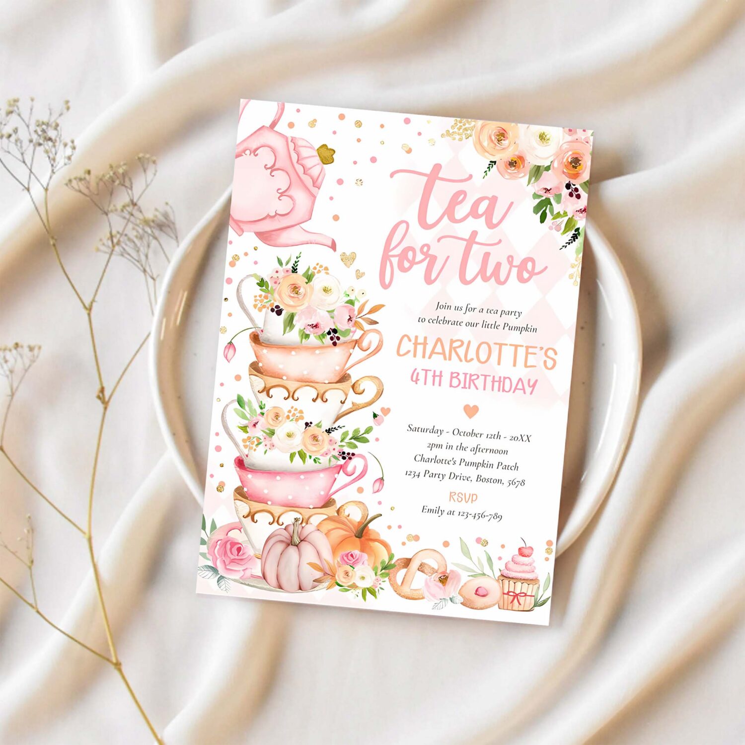 Tea for two birthday pumpkin autumn floral par tea invitation x68w 1