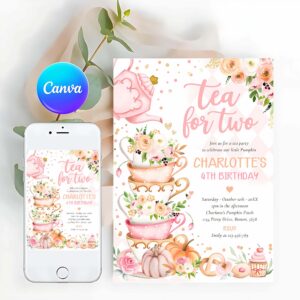 Tea For Two Invitation, Tea For Two Birthday Pumpkin Autumn Floral Par-tea Invitation
