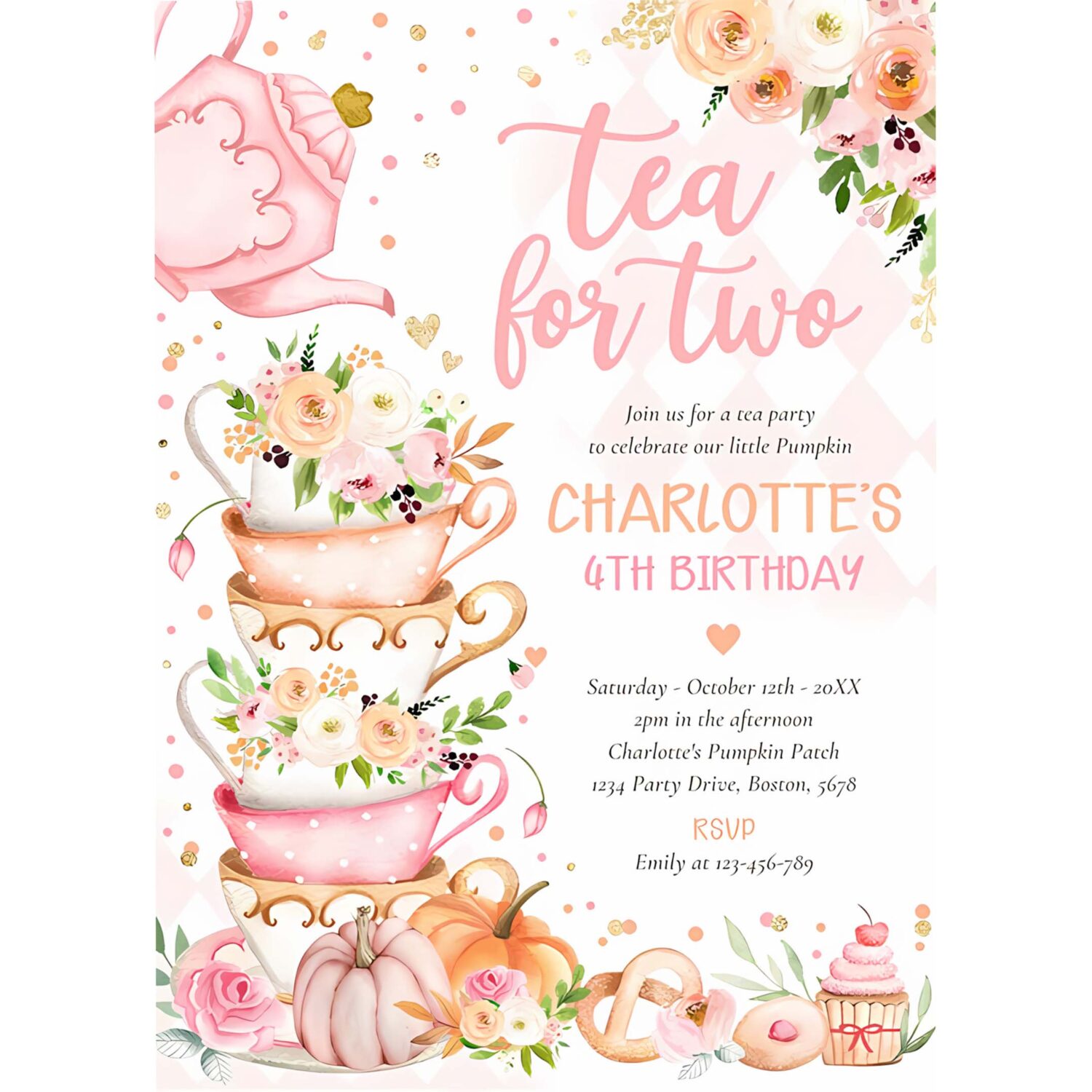 Tea for two birthday pumpkin autumn floral par tea invitation x68w 4
