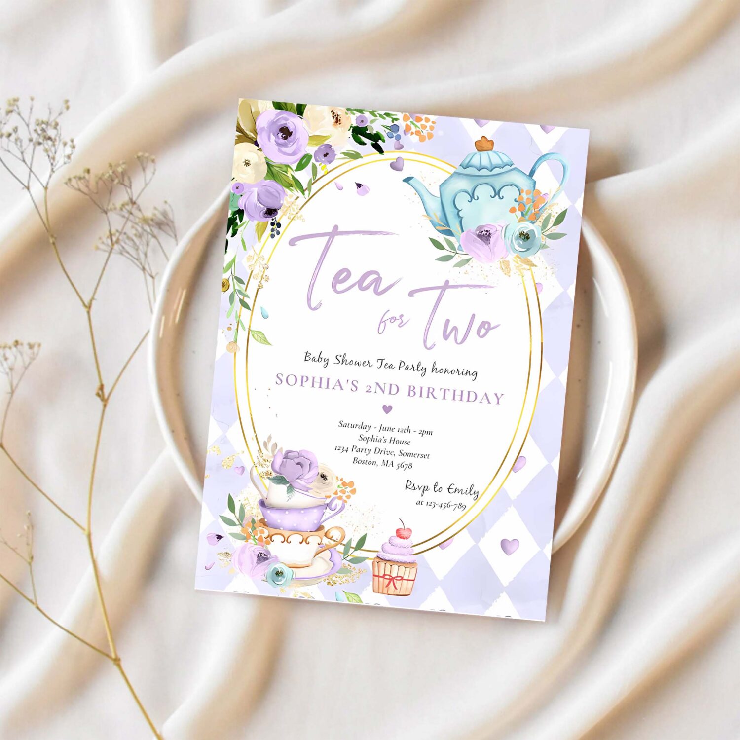 Tea for two lilac and gold floral birthday party invitation m60a 1