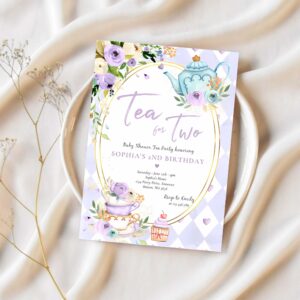 Tea for two lilac and gold floral birthday party invitation m60a 1