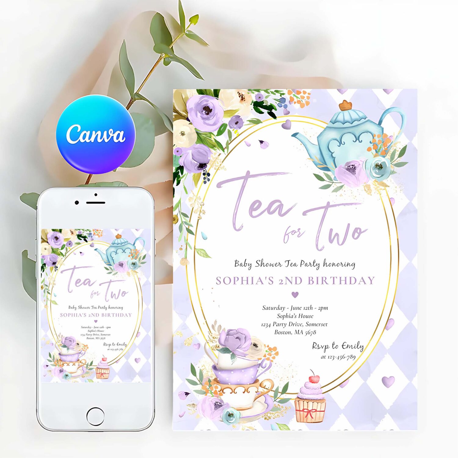 Tea for two lilac and gold floral birthday party invitation m60a