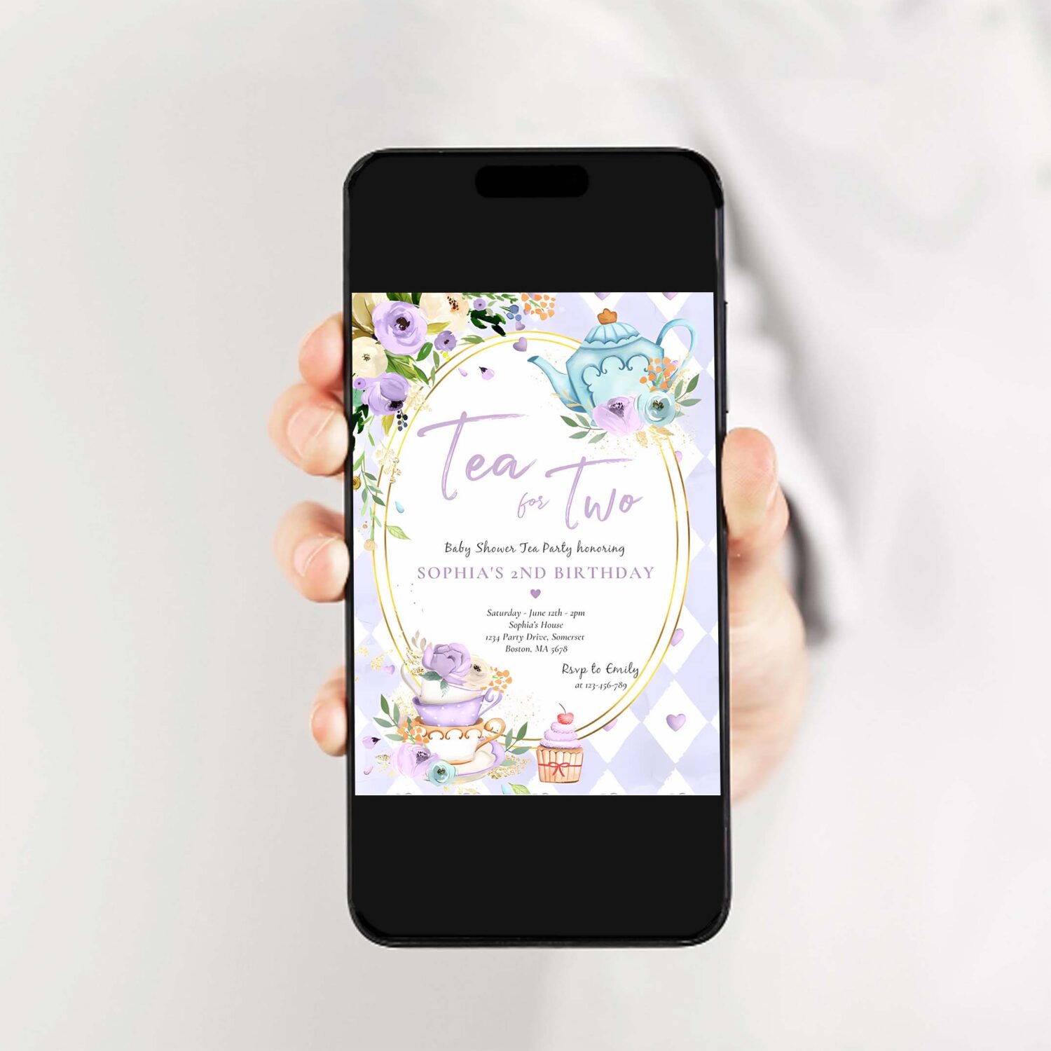 Tea for two lilac and gold floral birthday party invitation m60a 2