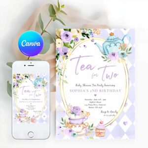 Tea For Two Invitation, Tea For Two Lilac And Gold Floral Birthday Party Invitation