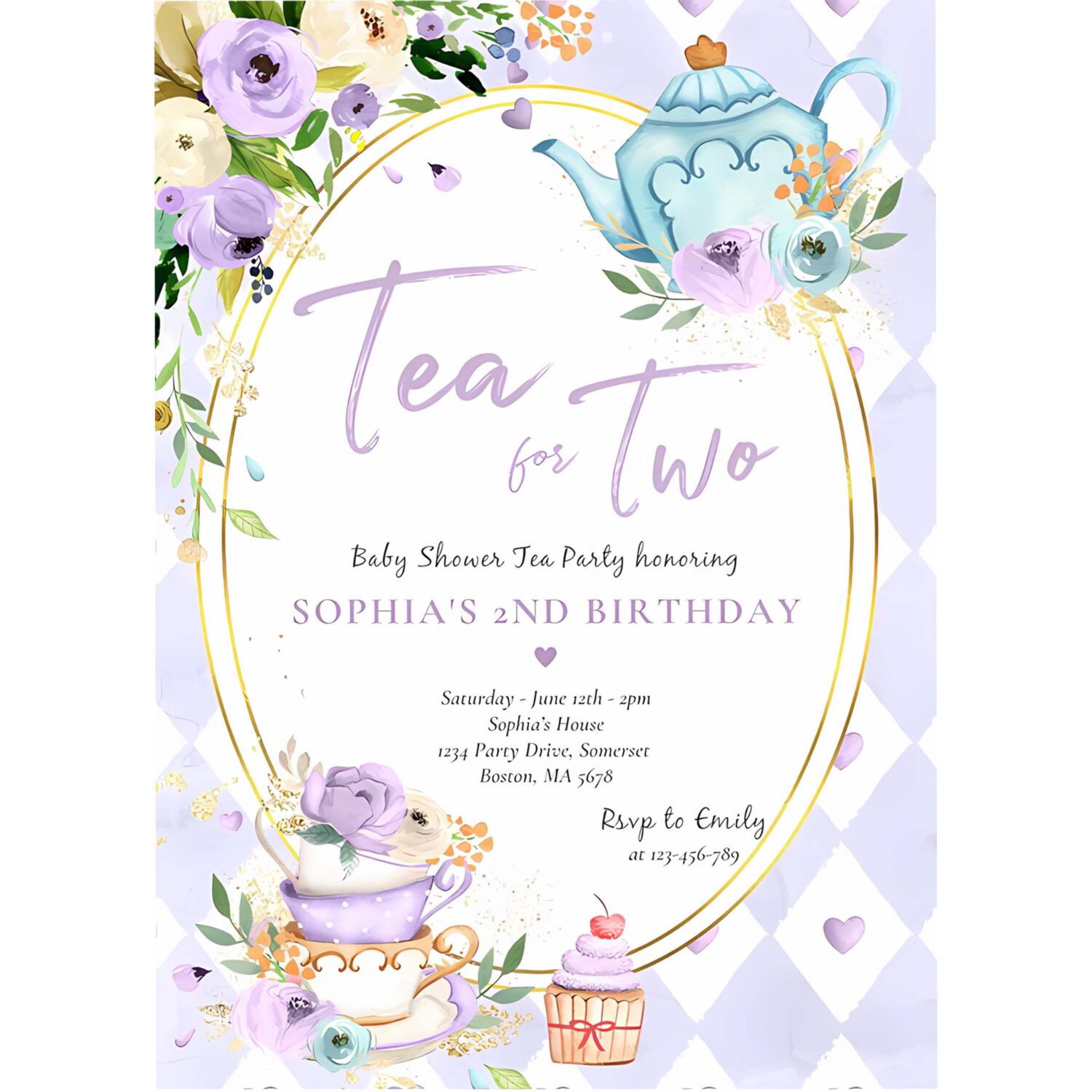Tea for two lilac and gold floral birthday party invitation m60a 4