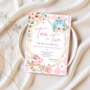 Tea for two pink and gold floral birthday party invitation j87s 1