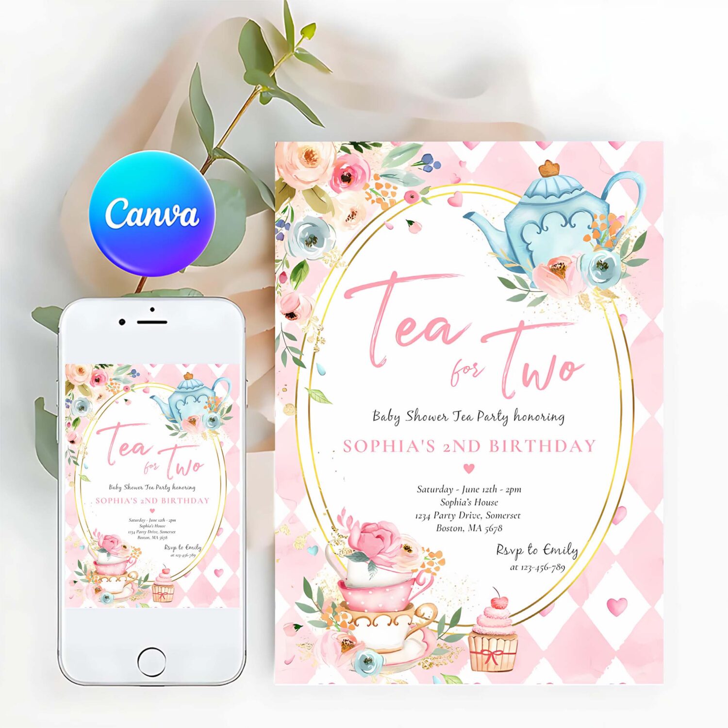 Tea for two pink and gold floral birthday party invitation j87s