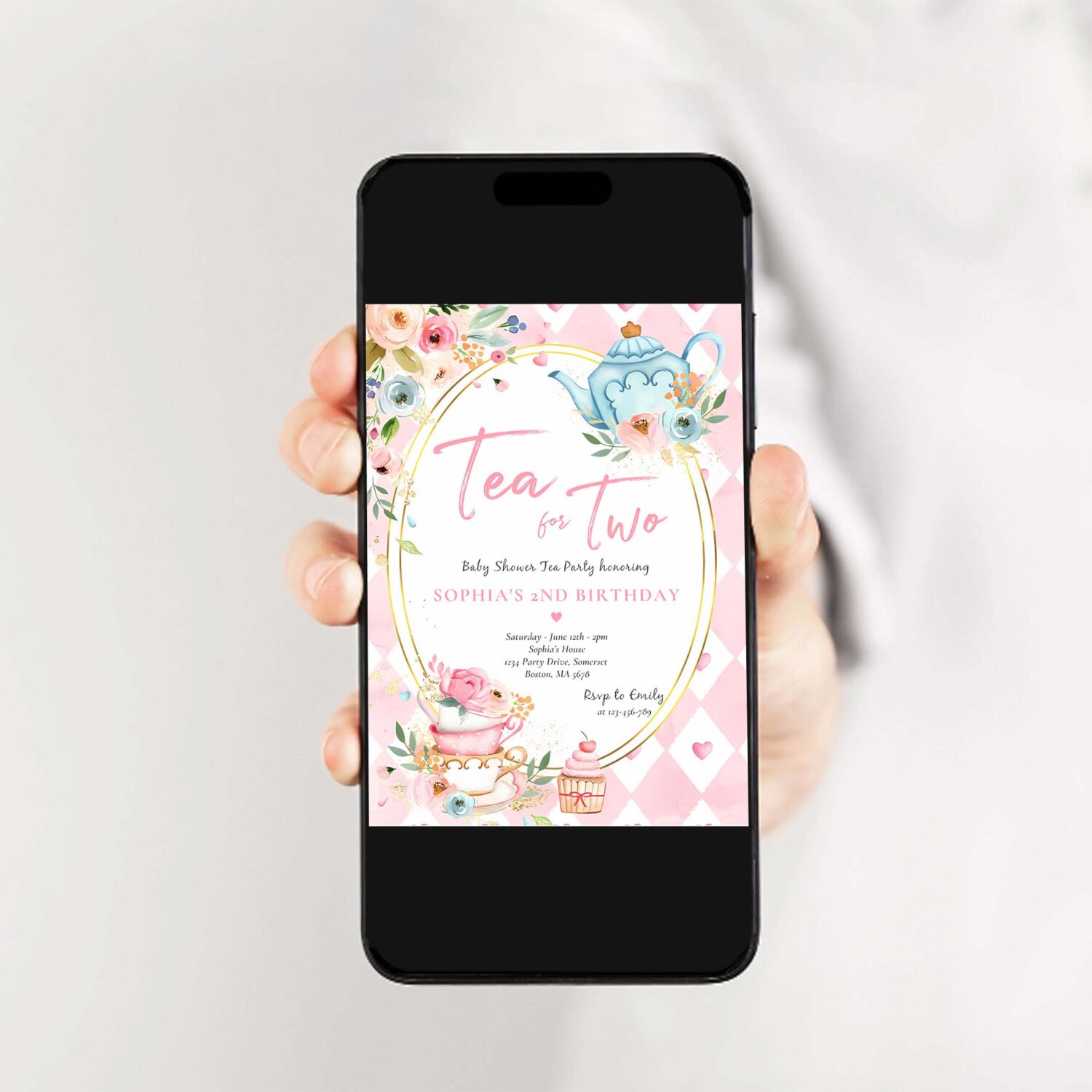 Tea for two pink and gold floral birthday party invitation j87s 2