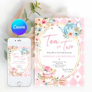 Tea For Two Invitation, Tea For Two Pink And Gold Floral Birthday Party Invitation